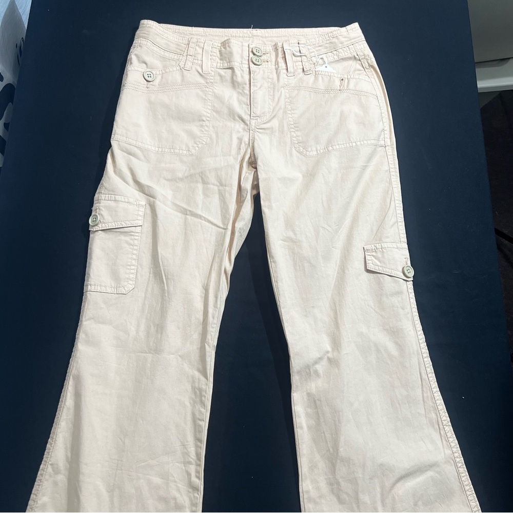 Almost Famous Cargo Bootcut Flare Pants size 32 light beige